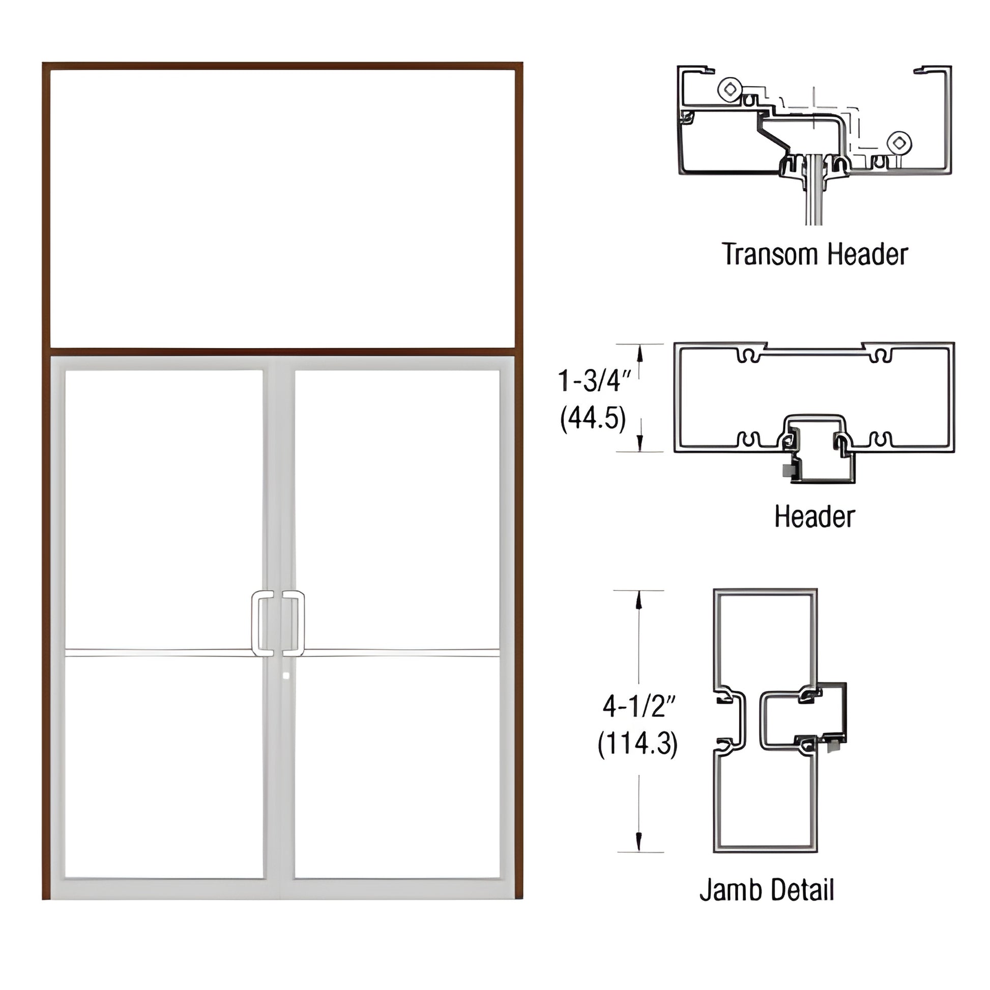 Black bronze anodized aluminum transom frame for 72 84 double butt-hinge doors; header and jamb details.