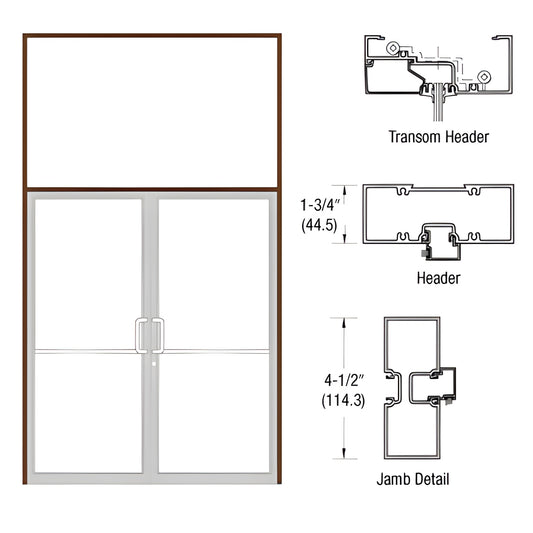 Black bronze anodized aluminum transom frame for 72 84 double butt-hinge doors; header and jamb details.