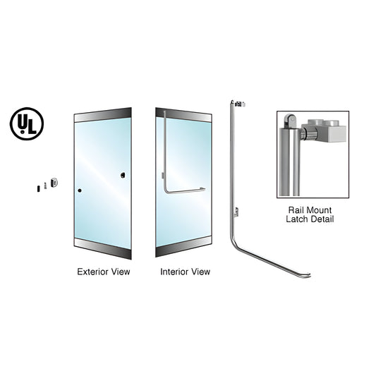 PA100Z4RKPS polished stainless steel DRS rail-mount panic handle for 1/2-3/4 glass doors, left-hand reverse, UL certified.