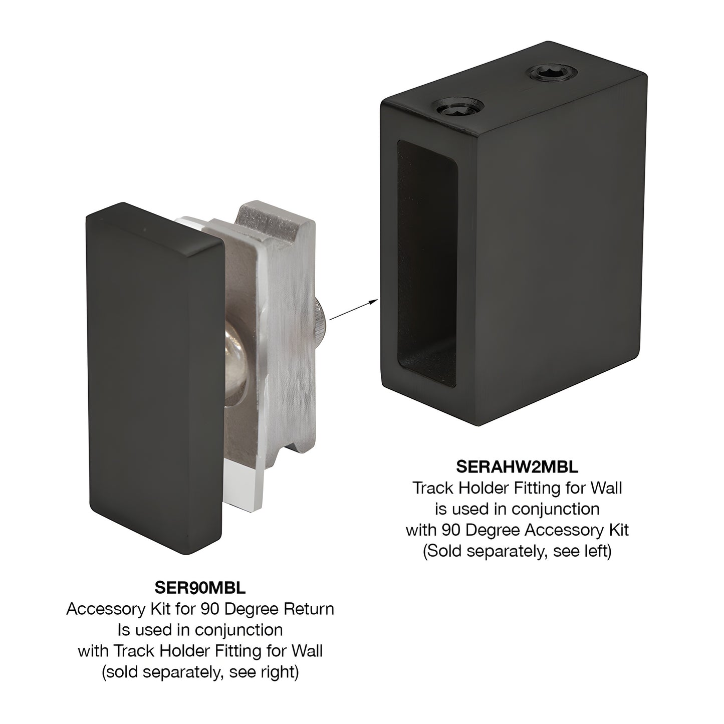 SER90MBL matte black stainless steel 90 connector for Serenity sliding shower glass, fits 8-10mm tempered glass.