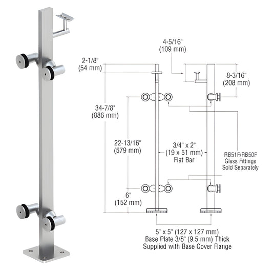 CRL P3 stainless steel surface-mounted glass railing post (SKU P336CBSC), 36 in. tall flat bar with 5x5 in. base, brushed fin