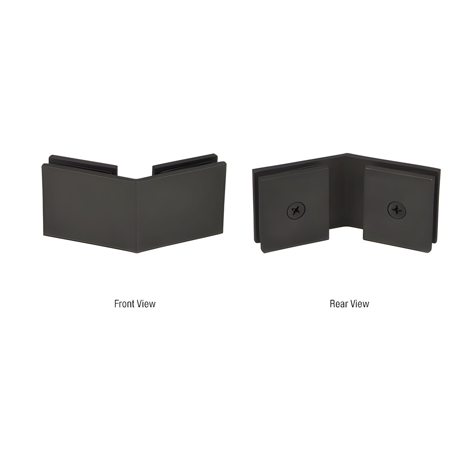 SGC135MBL matte-black square 135 glass-to-glass clamp, solid brass, front and rear views