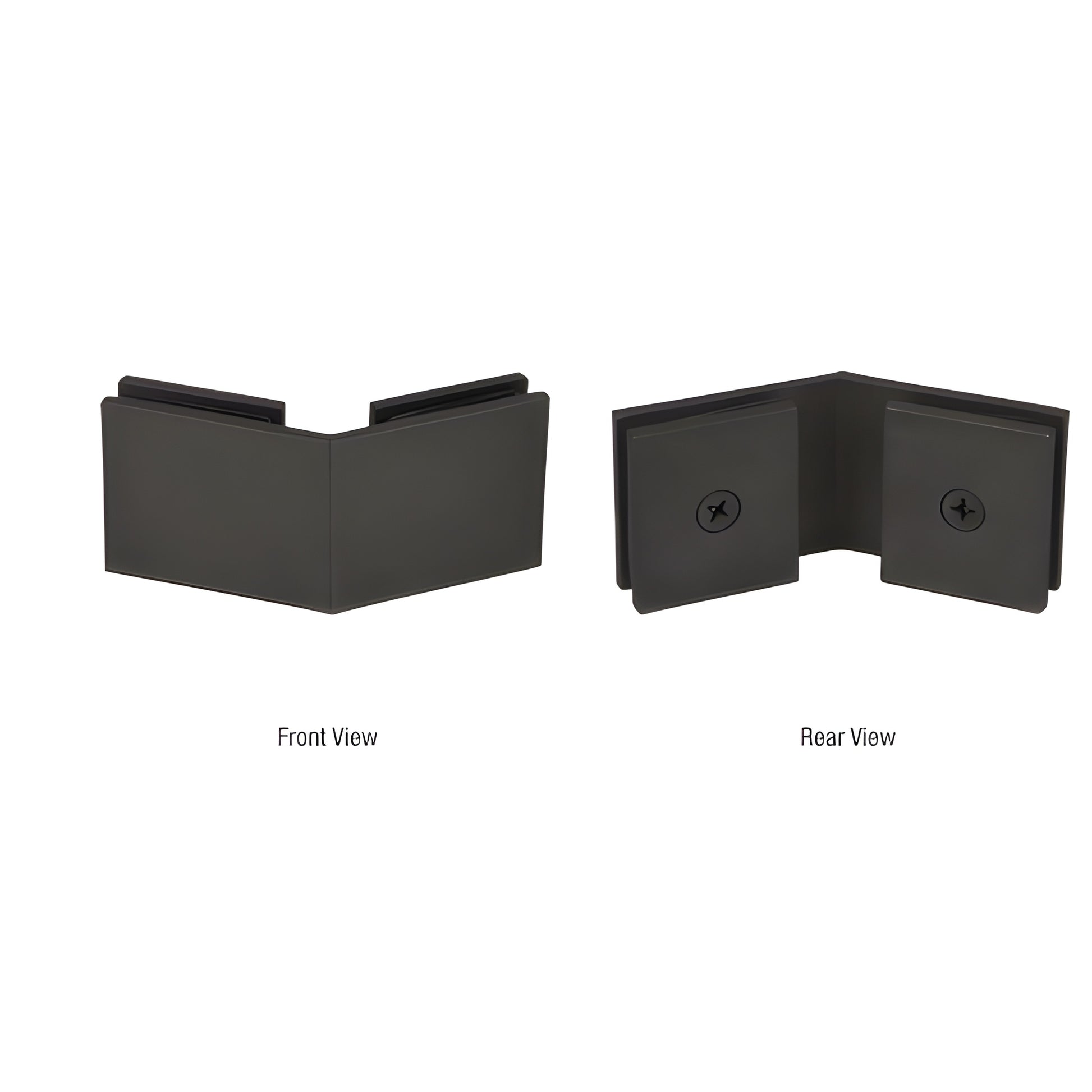 SGC135MBL matte-black square 135 glass-to-glass clamp, solid brass, front and rear views