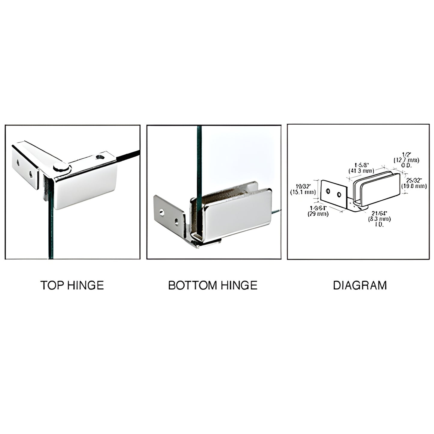 Polished chrome top and bottom glass cabinet hinges for 3/16-1/4" (5-6mm) tempered glass, pair (SKU GDH86CH)