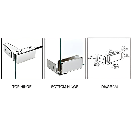 Polished chrome top and bottom glass cabinet hinges for 3/16-1/4" (5-6mm) tempered glass, pair (SKU GDH86CH)