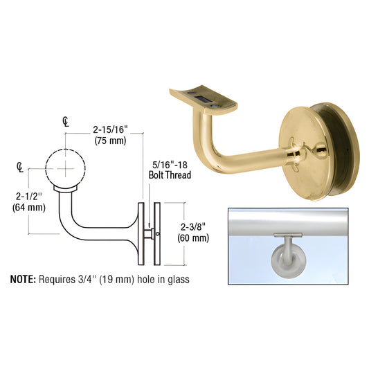 HR15GPB polished brass glass-mounted handrail bracket for 1-1/2"-2" rails, 75mm projection; requires 3/4" (19mm) hole in glas