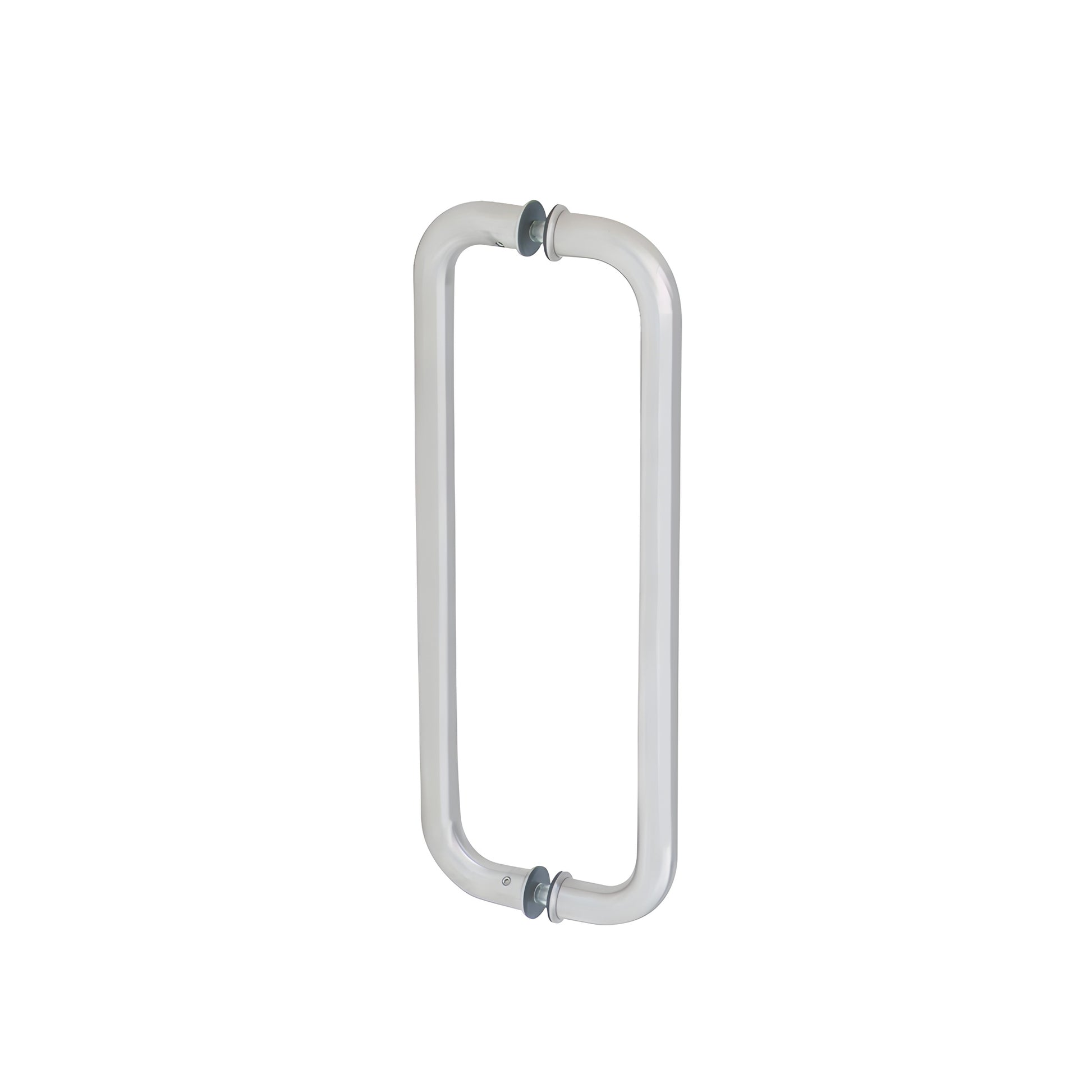 Satin anodized back-to-back glass pull handle, 12 in center-to-center, 1 in diameter for 3/8-3/4 in glass (SKU CM12X12SA)