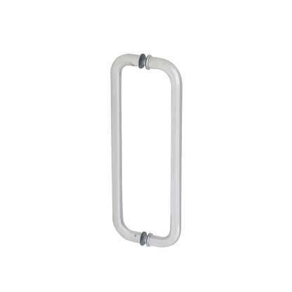Satin anodized back-to-back glass pull handle, 12 in center-to-center, 1 in diameter for 3/8-3/4 in glass (SKU CM12X12SA)