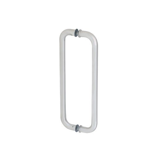 Satin anodized back-to-back glass pull handle, 12 in center-to-center, 1 in diameter for 3/8-3/4 in glass (SKU CM12X12SA)
