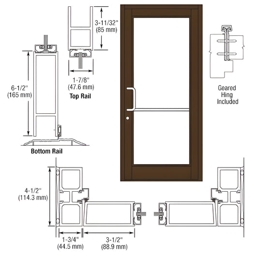 DC81822 Black bronze anodized Durafront commercial entrance door, single lite glass, 61 2 bottom rail, push/pull hardware incl