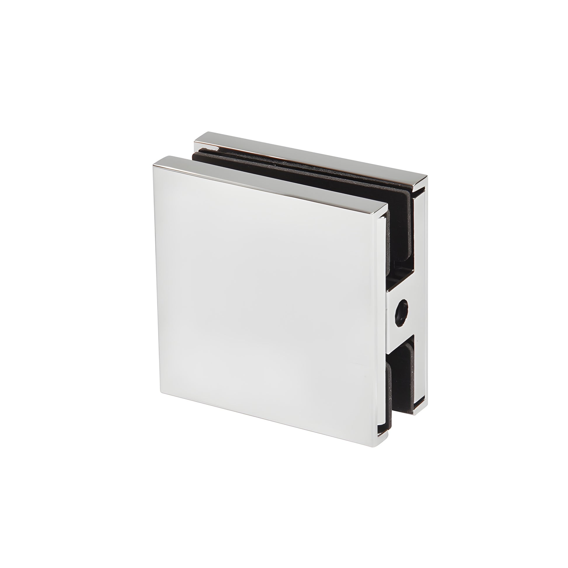 Polished chrome brass Zero Clamp for 3/8-1/2" glass - low-profile concealed frameless shower clamp (SKU CCS4CH)