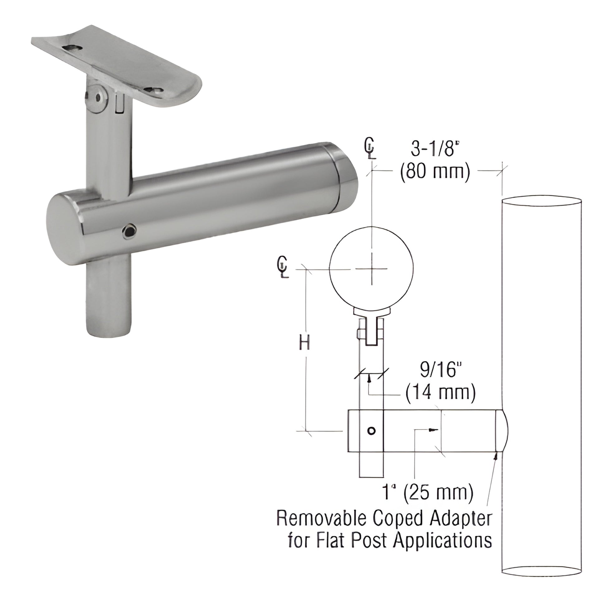 HR2JPBS 316 stainless 3-way adjustable post-mounted handrail bracket, brushed finish; fits 1.5-2" tubing
