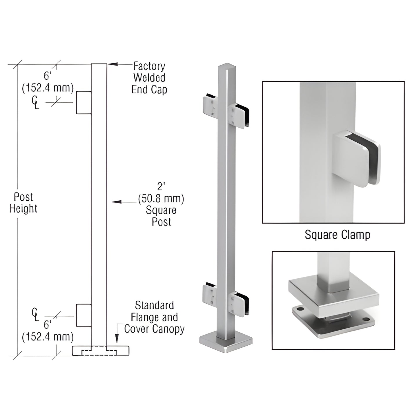 Stainless steel 2" square glass clamp post kit with Z-series clamps, base plate and cover (SKU SPS36CBS)