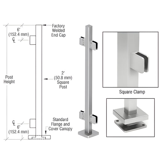 Stainless steel 2" square glass clamp post kit with Z-series clamps, base plate and cover (SKU SPS36CBS)