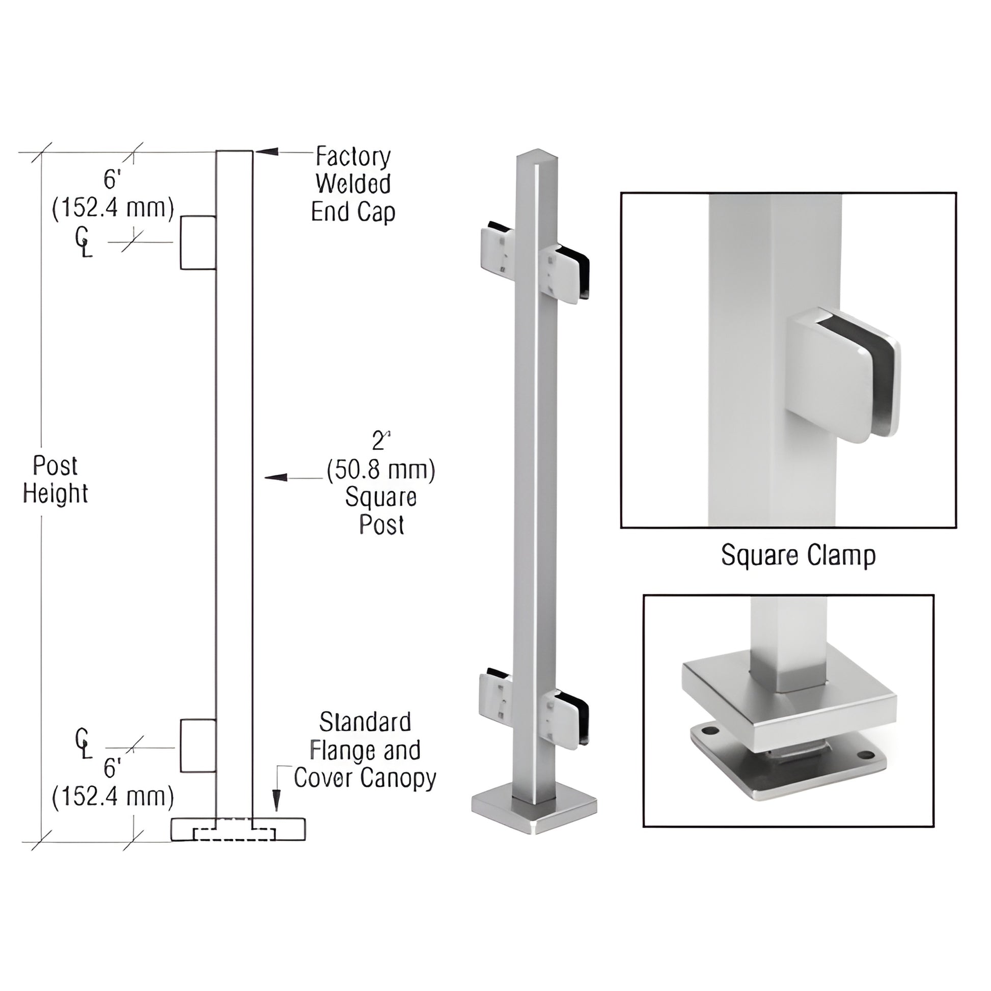 SPS42CBS stainless steel 2" square glass clamp post kit with base plate, cover canopy and Z-series clamps for 1/2" glass.