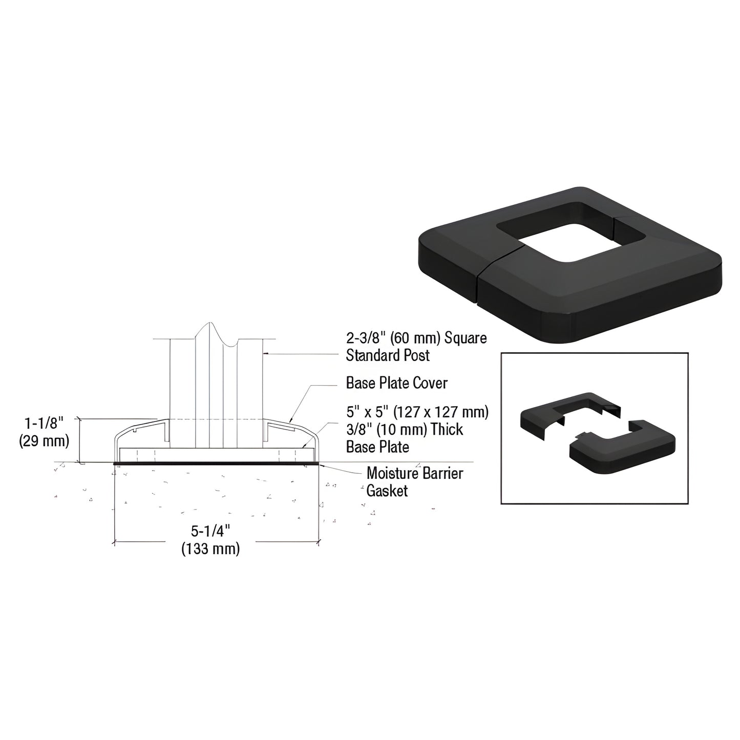 CVR5BL matte black aluminum base plate cover for 5" square base plates, fits 2-3/8" (60 mm) square posts.