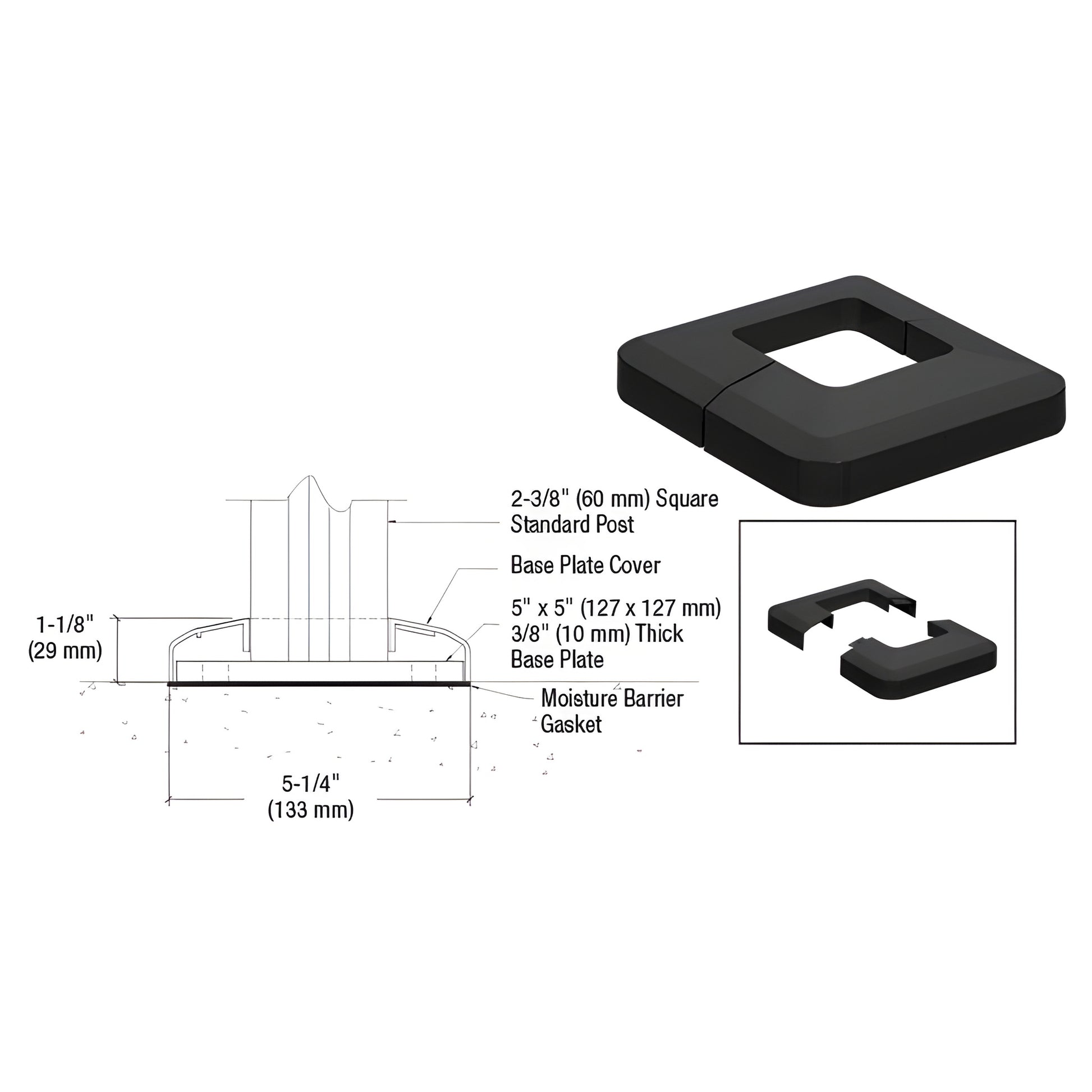 CVR5BL matte black aluminum base plate cover for 5" square base plates, fits 2-3/8" (60 mm) square posts.