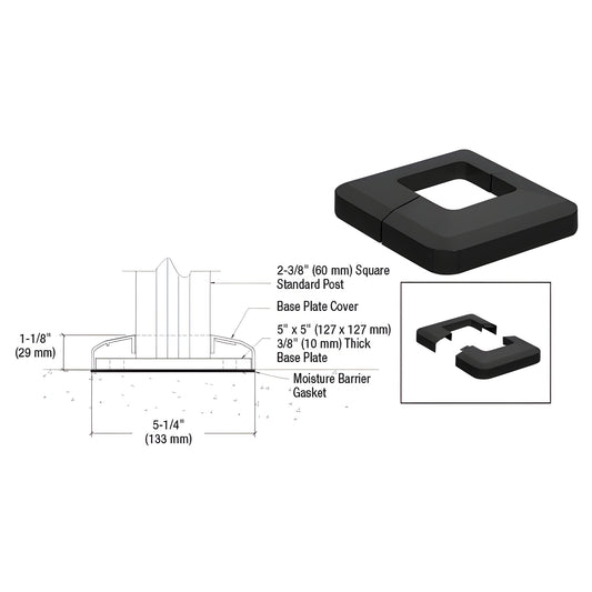 CVR5BL matte black aluminum base plate cover for 5" square base plates, fits 2-3/8" (60 mm) square posts.