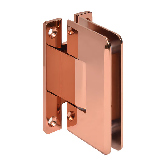 Rose gold brass adjustable shower door hinge (SKU C0L337RG) for 3/8-1/2" tempered glass, wall mount, beveled edge.
