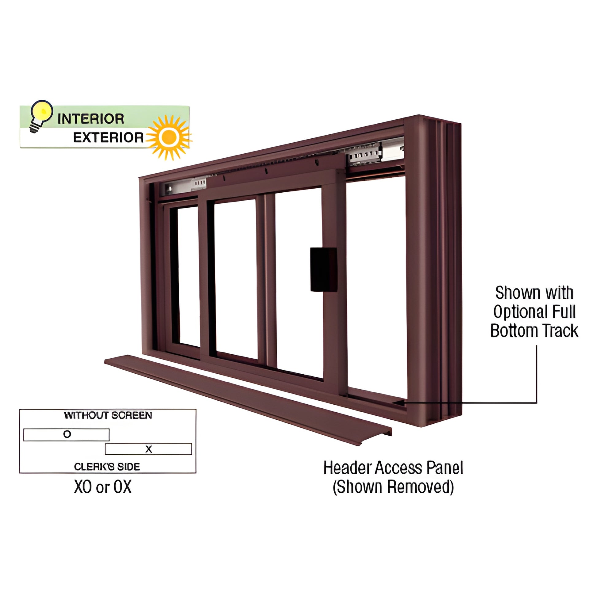 DW1800DU two-panel sliding service window, Duranodic bronze, XO layout, header removed, optional bottom track.