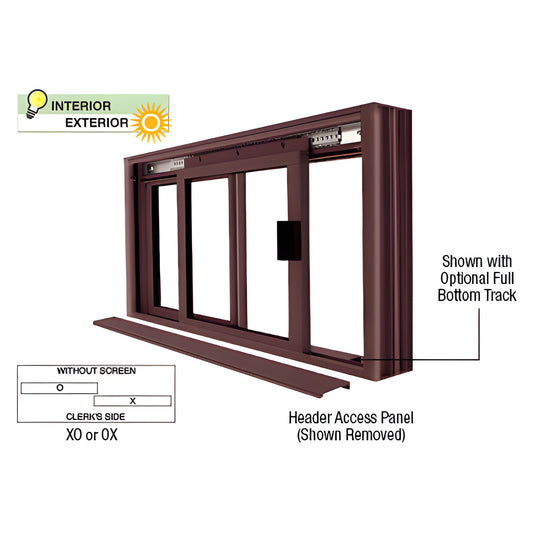 DW1800DU two-panel sliding service window, Duranodic bronze, XO layout, header removed, optional bottom track.