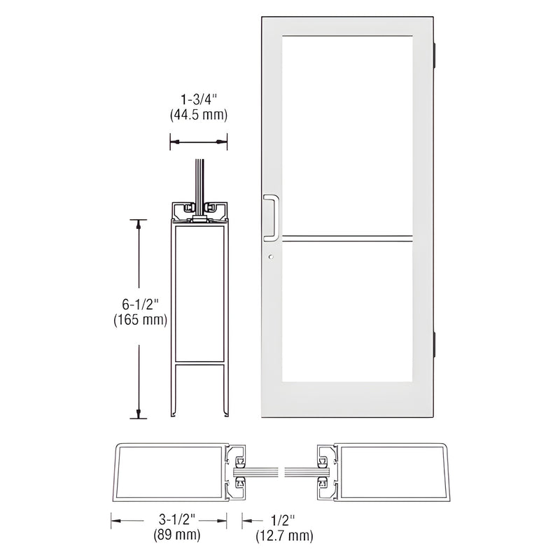 DC41552: White Kynar medium-stile commercial entrance door with 1/4" glass stop and push/pull hardware