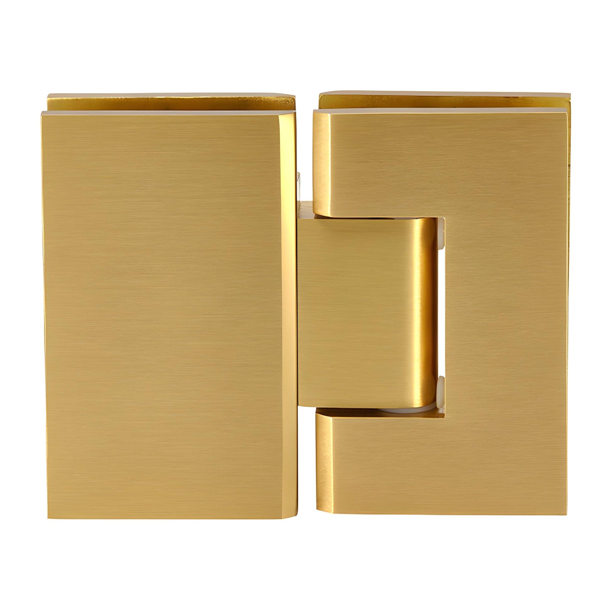 GEN180SB Geneva satin brass glass-to-glass shower hinge, solid brass square profile for 8-12mm tempered glass.