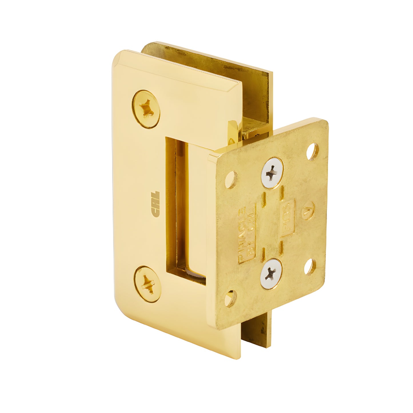 P1N074BR polished brass Pinnacle self-centering shower door hinge for 8-12mm tempered glass, short back plate.