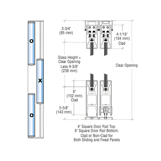 CAD drawing of CRL SDR bottom-rolling 3-panel sliding door system, 4 in top rail, 6 in bottom rail. SKU 6SDR3ESA