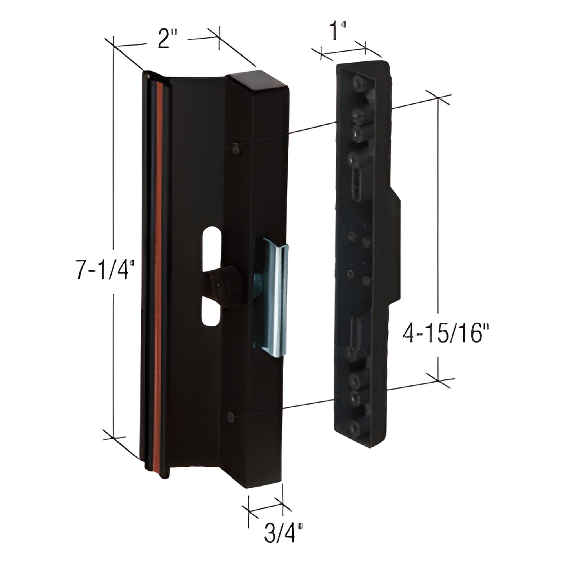 Black CRL patio door handle set (SKU C1106), aluminum surface-mount with 7-1/4 inside latch, 4-15/16 mounting hole spacing