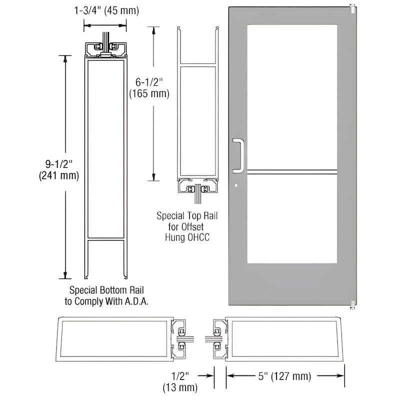 DE51111 Clear anodized commercial entrance door drawing - 5" stiles, 9-1/2" ADA bottom rail, accepts 1/4" tempered glass