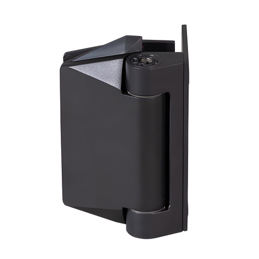 Matte black CRL Polaris 125 soft-close hinge for frameless glass gates (SKU P0L037125MBL)