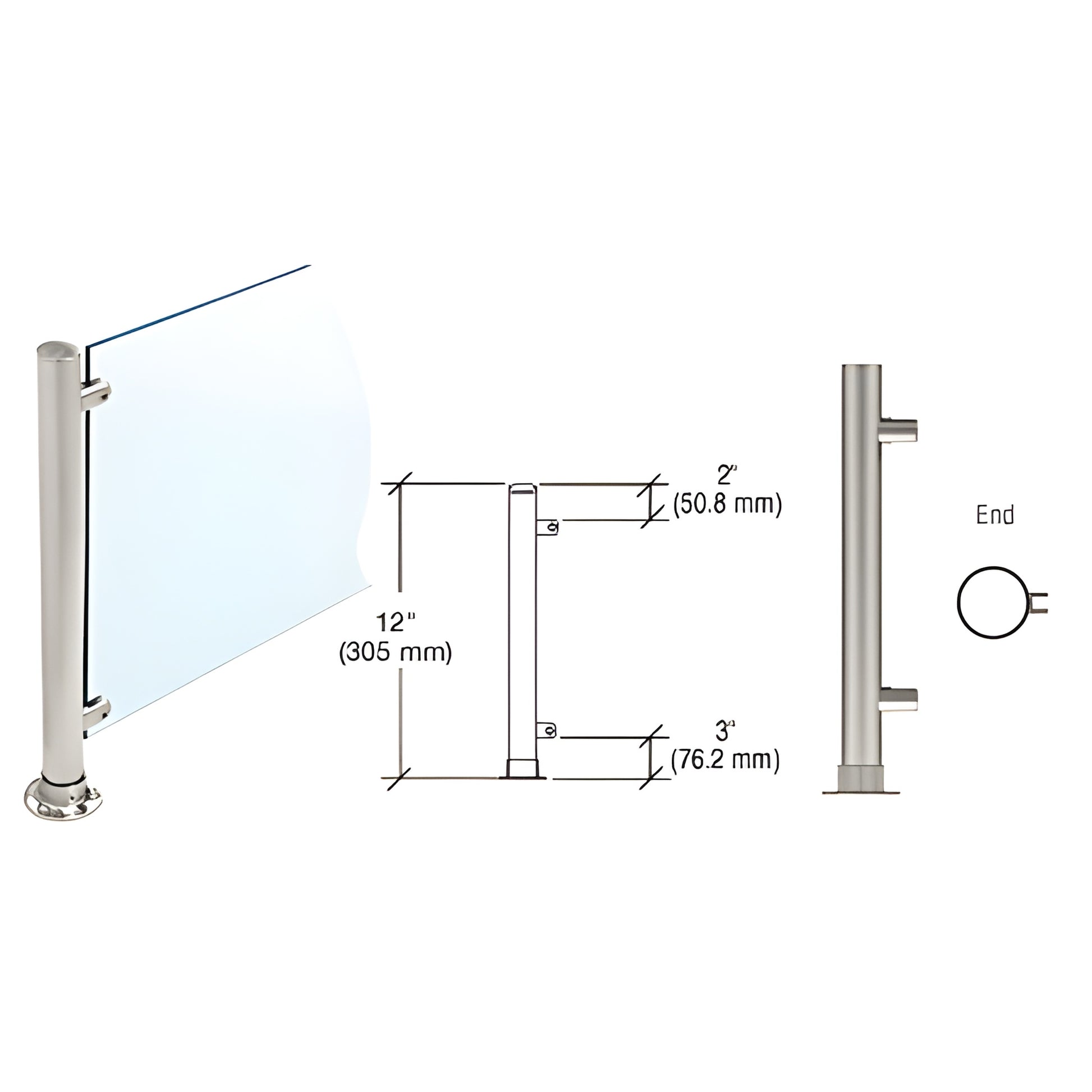 Brushed stainless steel 12 in. Slimline partition end post with glass clamps and round flange base, fits 1/4"-3/8" glass (PP5