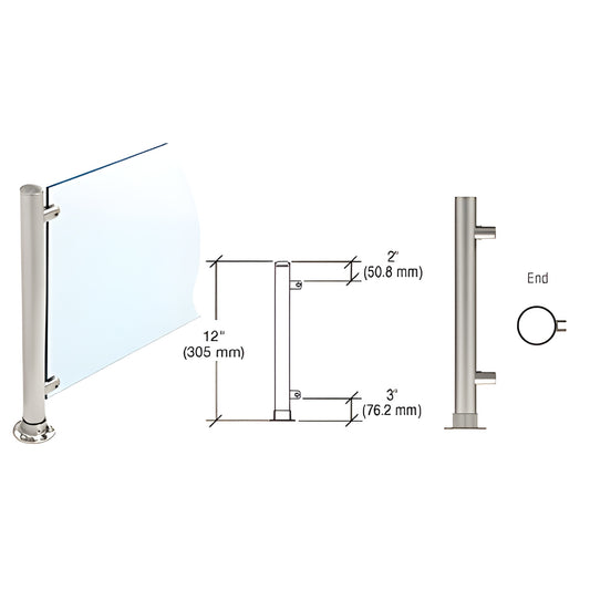 Brushed stainless steel 12 in. Slimline partition end post with glass clamps and round flange base, fits 1/4"-3/8" glass (PP5