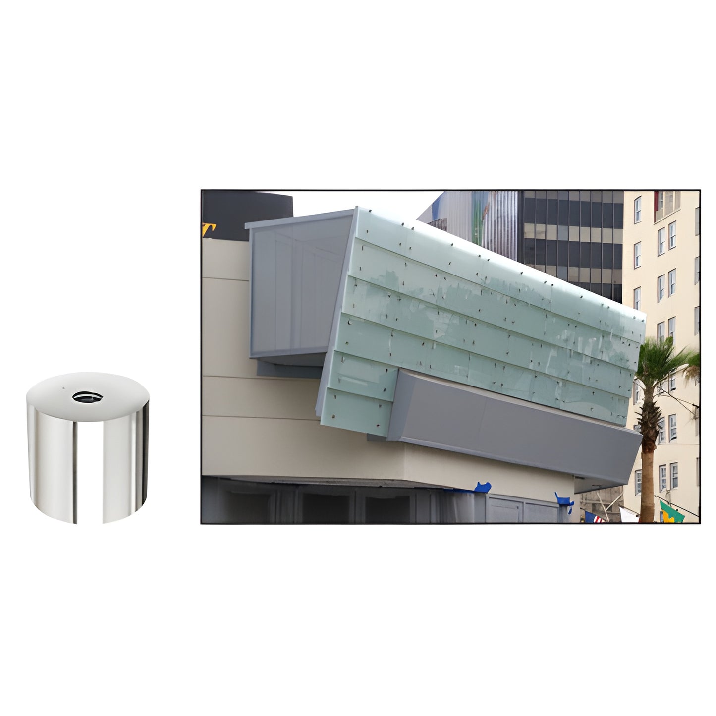 Polished 316 stainless steel 1-1/2" diameter standoff cap and example building signage installation.