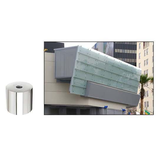 Polished 316 stainless steel 1-1/2" diameter standoff cap and example building signage installation.