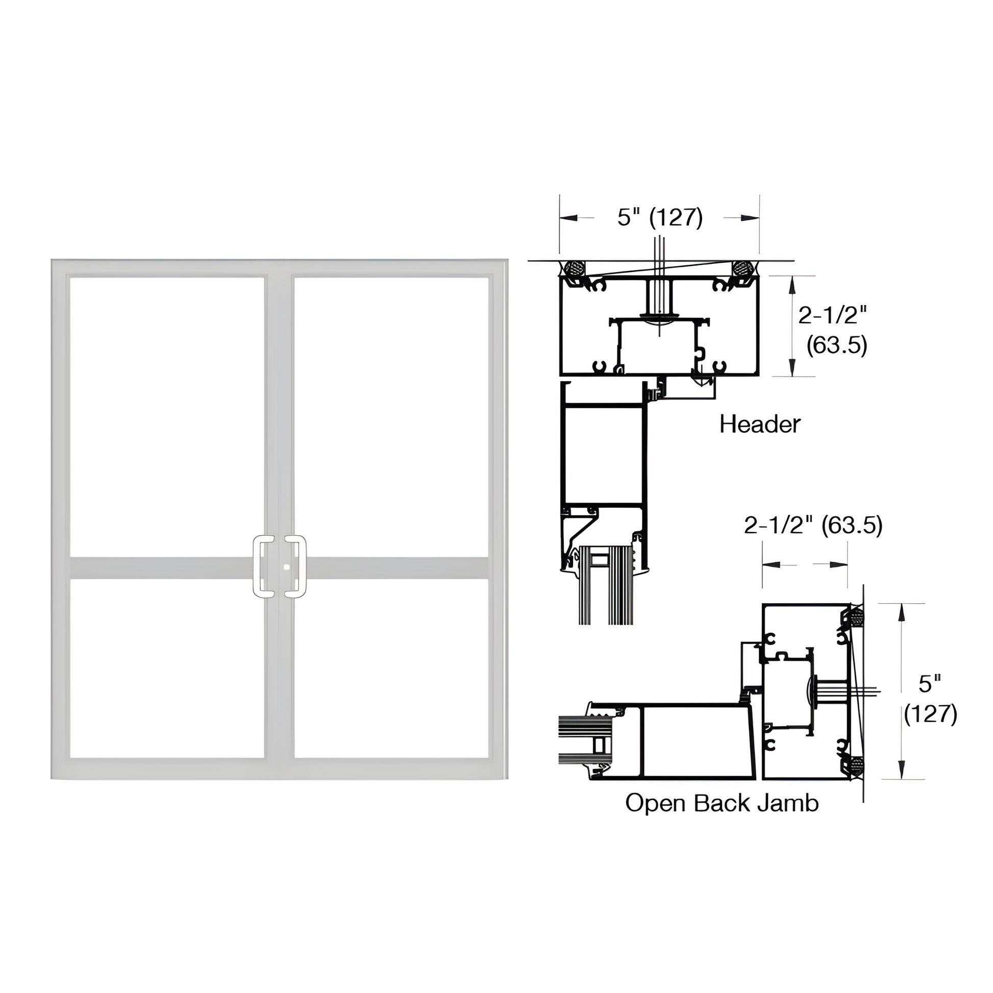 Clear anodized double up/over hurricane impact door frame (SKU 0P72511) with dual doors and technical header/jamb drawings.