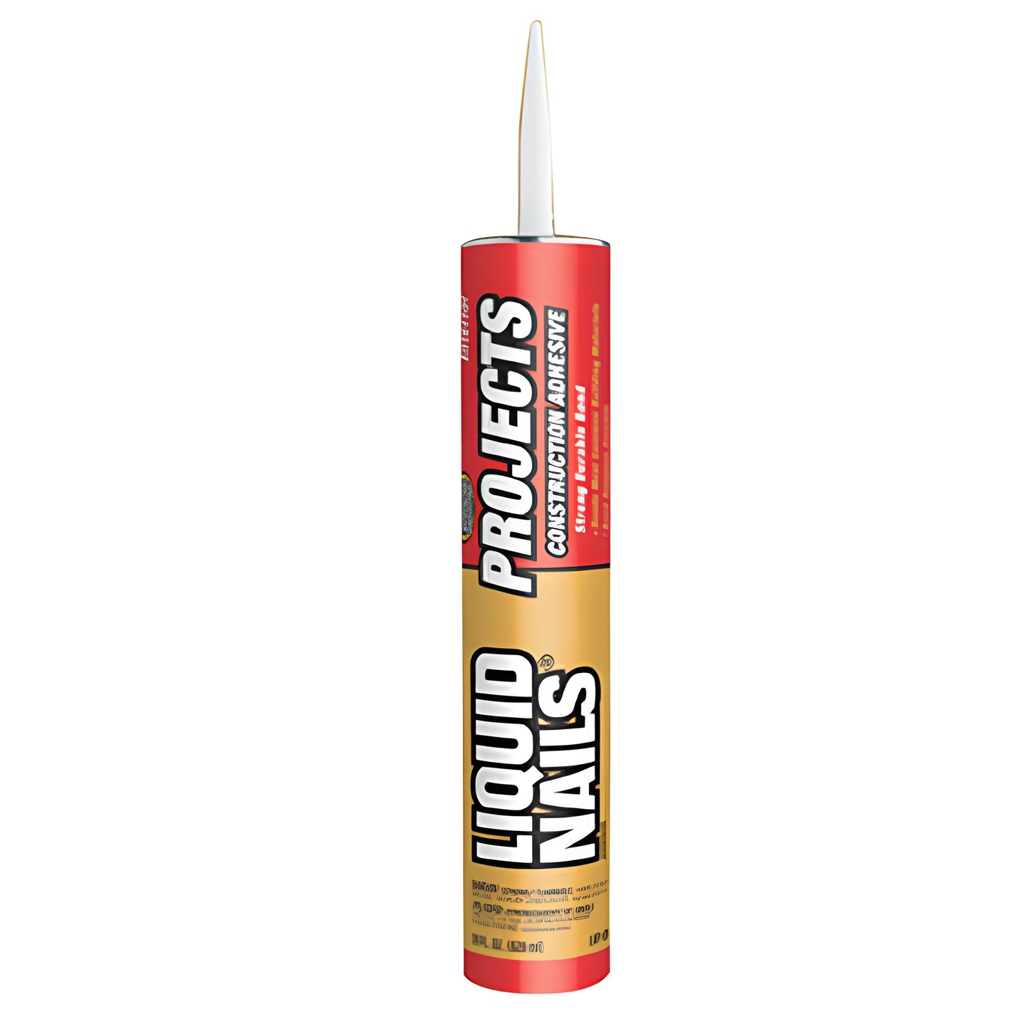 Liquid Nails LN601 10oz white latex construction adhesive cartridge, red/gold tube with tapered white nozzle, "Projects" labe