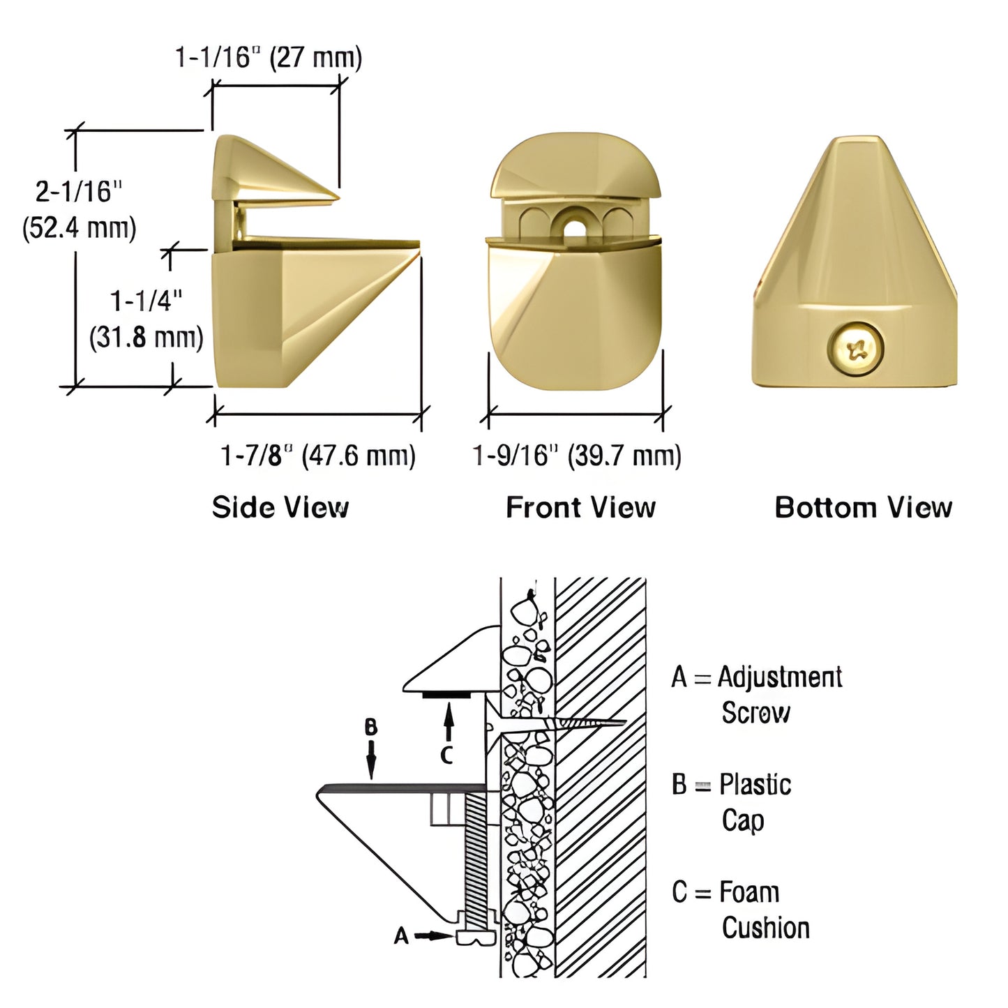 DL631BR polished brass zinc shelf clamp, side/front/bottom views and fitting diagram; fits 1/8-15/16"