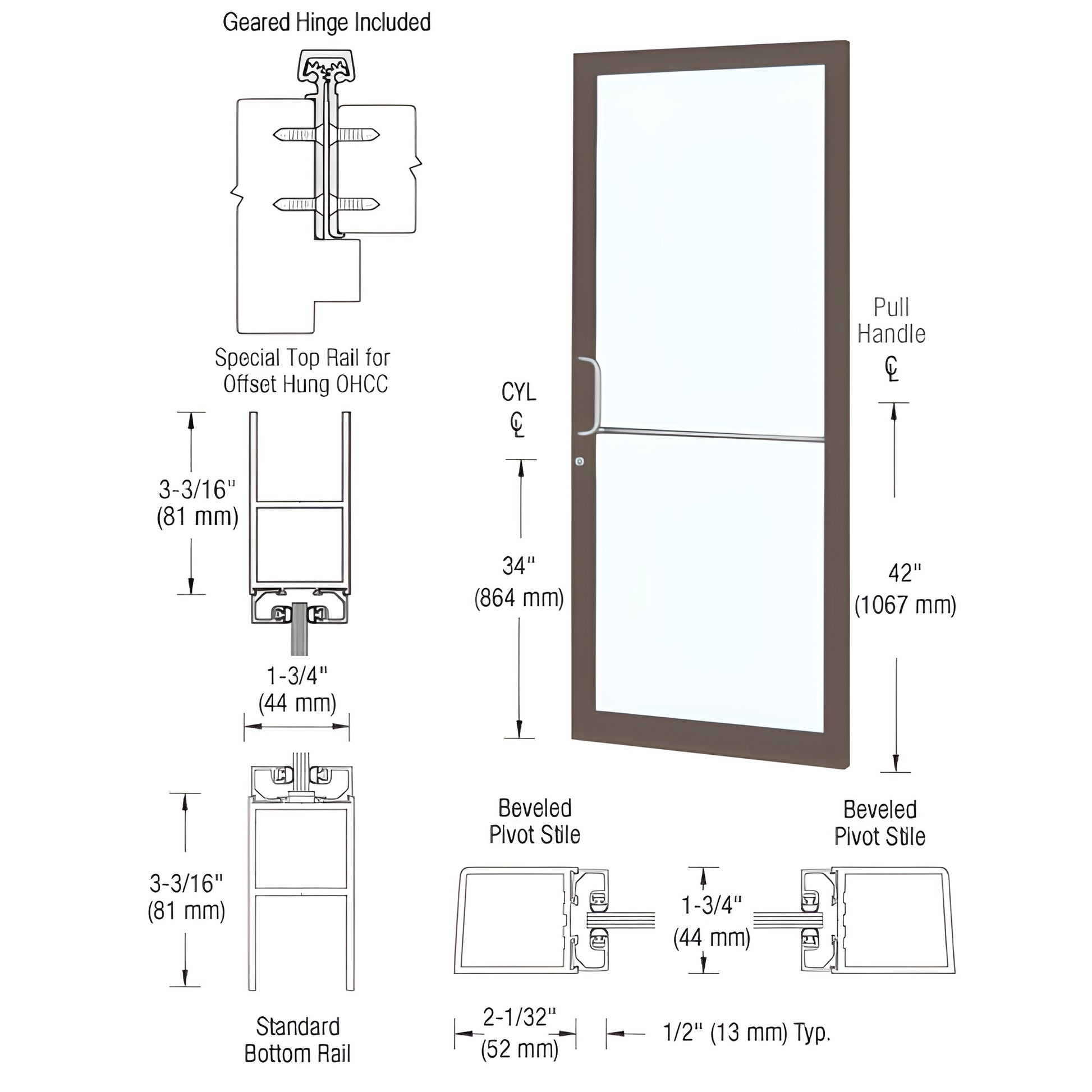CRL narrow stile commercial entrance door DC21922, black bronze anodized frame with large glass panel and push/pull hardware