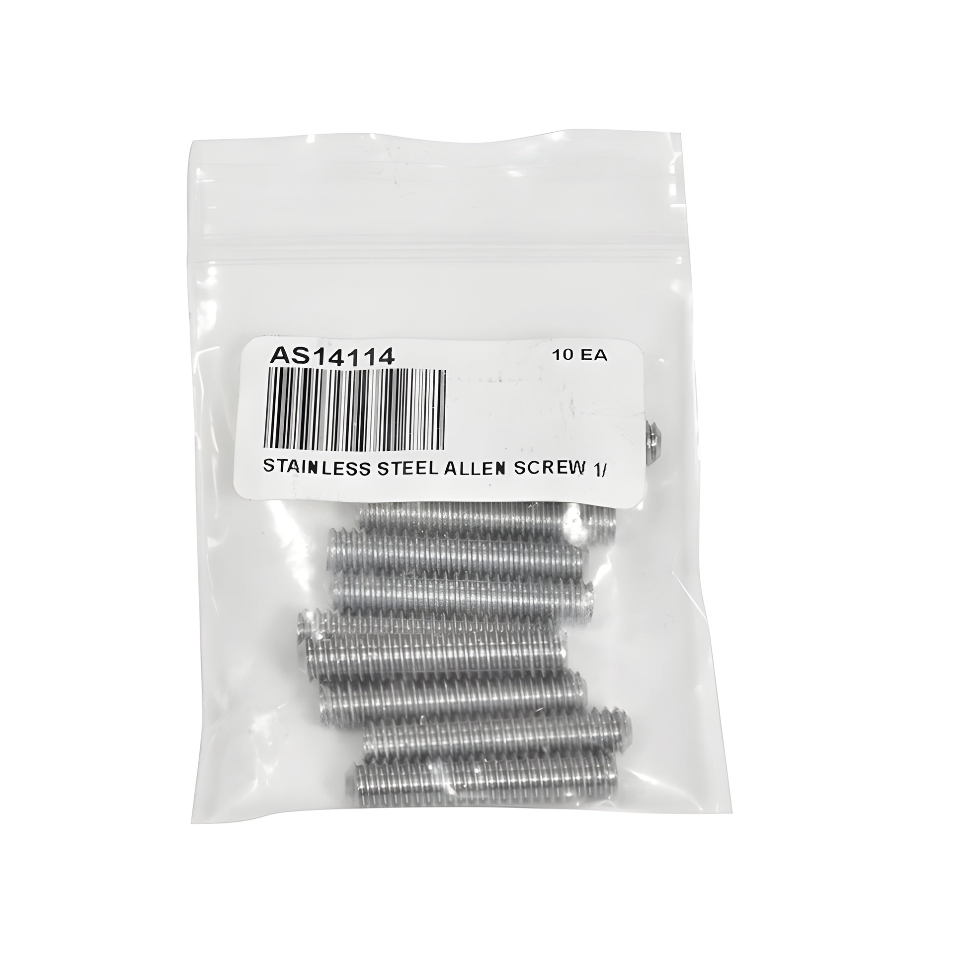 AS14114 stainless steel headless 1-1/4 in. 1/4-20 threaded Allen screw for standoffs on white background.