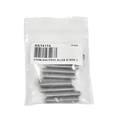 AS14114 stainless steel headless 1-1/4 in. 1/4-20 threaded Allen screw for standoffs on white background.