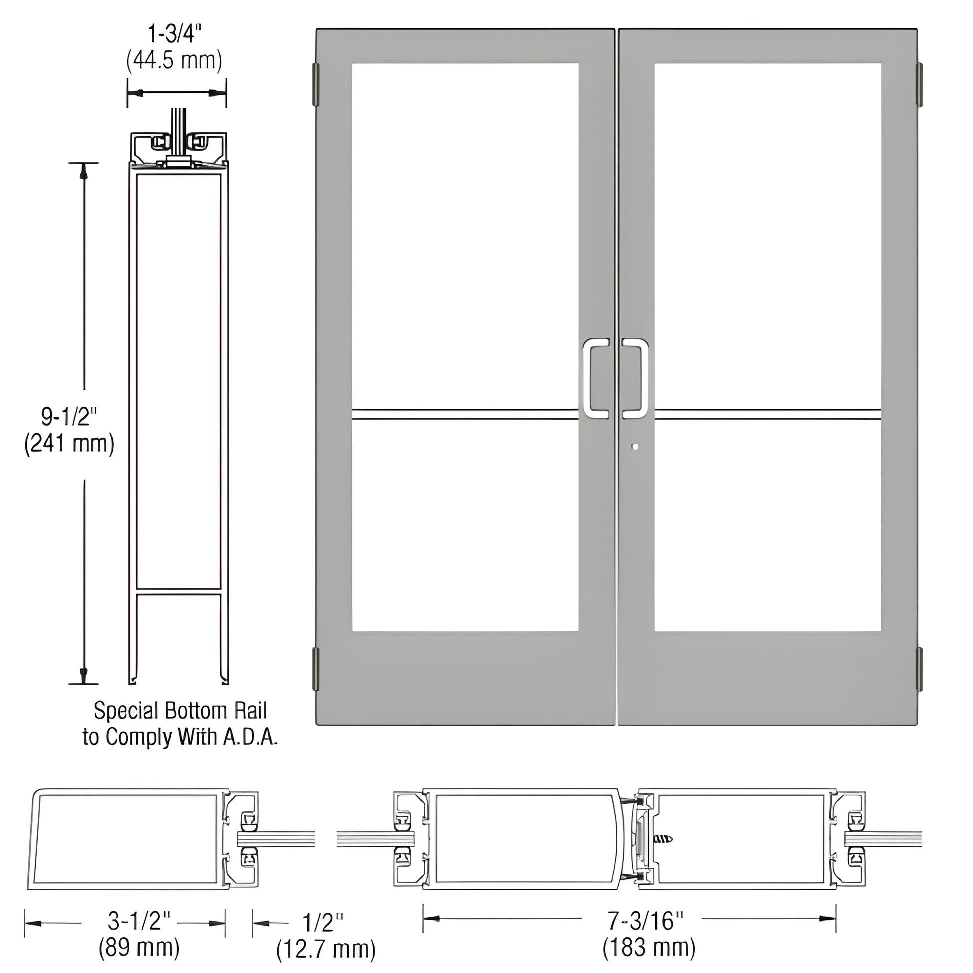 DE42511 clear anodized medium stile double entrance door, ADA 9-1/2" bottom rail, fits 1/4" tempered glass.