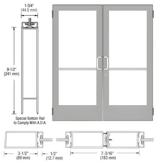 DE42511 clear anodized medium stile double entrance door, ADA 9-1/2" bottom rail, fits 1/4" tempered glass.