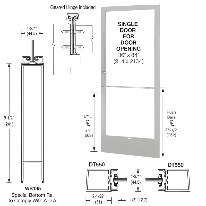 Clear anodized 250 narrow-stile aluminum storefront door 36"x84" with ADA bottom rail and push/pull hardware. SKU CD21811L036