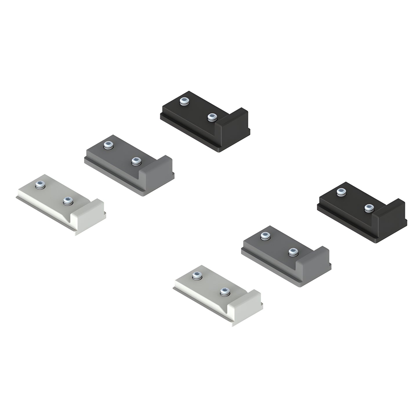 Set of six CRL695SBA spare softbrake activators in three heights, rectangular black/gray/white track mounts with screws.