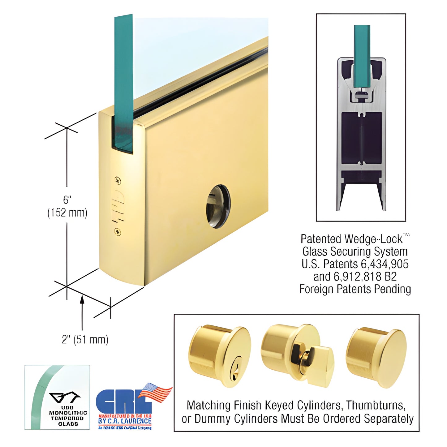 Polished brass CRL Wedge-Lock door rail, 6" high square profile, lock included, fits 1/2" glass, 35-3/4" long (SKU DR6SPB12SL