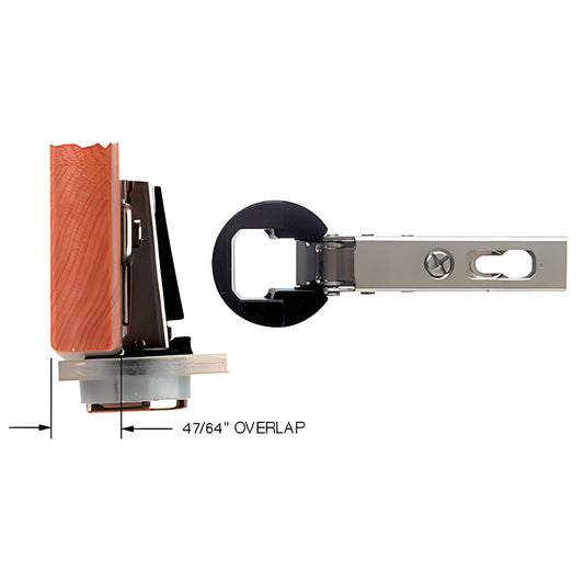 EH202 chrome overlay glass cabinet hinge, for 5-6mm glass, 90 opening, shown with mounting plate and 47/64" overlap.
