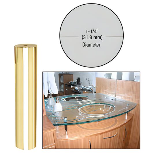 Polished brass 1-1/4" glass standoff, 6" length mounting spacer for signage and panels (SKU S0B1146BR)