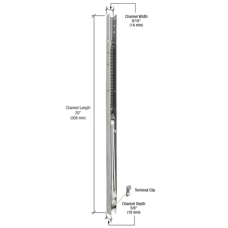 CRL FA1940 metal sash balance channel, 20" long x 5/8" deep x 9/16" wide, silver with spring and terminal clip.